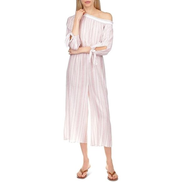 Michael Kors Metallic Striped One Shoulder Jumpsuit Pink White Size L MSRP $175 - Picture 1 of 1